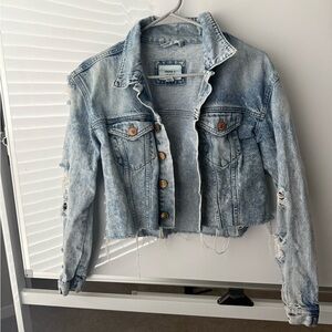 Blue Cropped Jean Jacket with Raw Hem